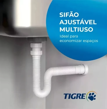 Imagem Sifão Flexivel Sanfonado Universal Cozinha Banheiro Tanques Lavatórios 66cm Branco Tigre